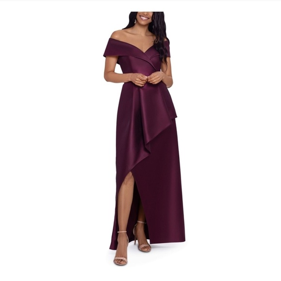 NWT $289 XSCAPE [ 12‎ ] Off Shoulder Draped Asymmetrical Gown in Burgundy - Picture 12 of 13